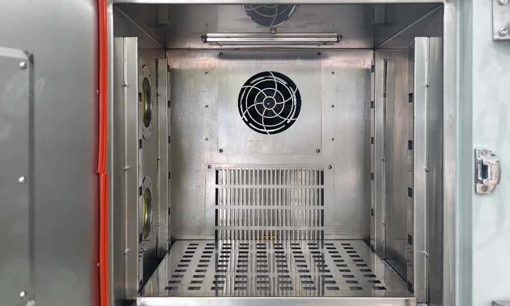 Interior of the TOB-001-1 explosion proof box showing the 304 stainless steel chamber lining and the marble base