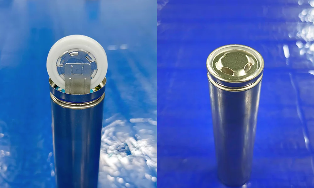 Positive cap welding result on the left and sealed 32140 cell result on the right